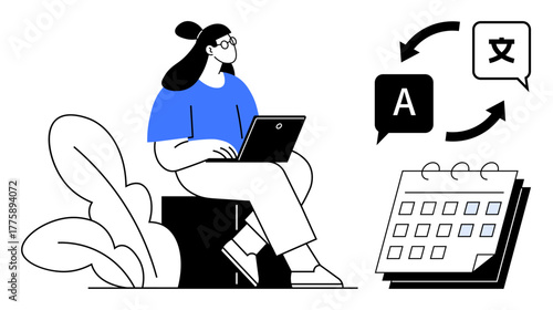 Woman working on laptop with language translation arrows, calendar, and minimalist design. Ideal for translation services, global communication, scheduling, planning, productivity, multitasking