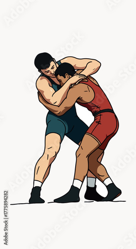 Two Wrestlers In Blue And Red Singlets Grappling During Match