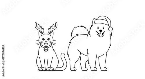 Christmas pets cartoon vector illustration cat dog holiday season