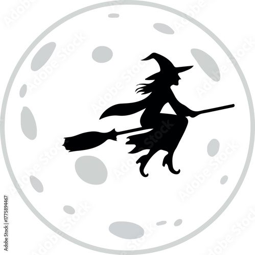 Witch Flying on Broomstick Silhouette Against Full Moon Minimal Illustration