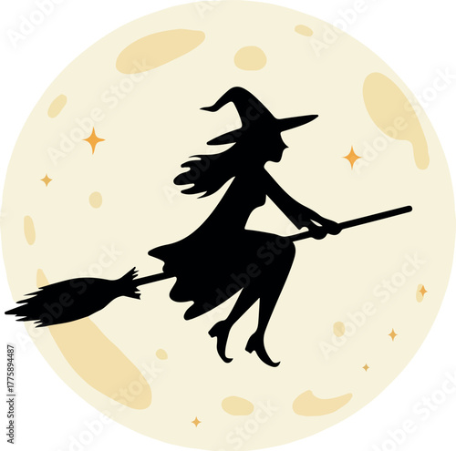 Witch Flying Silhouette Against Big Moon and Stars