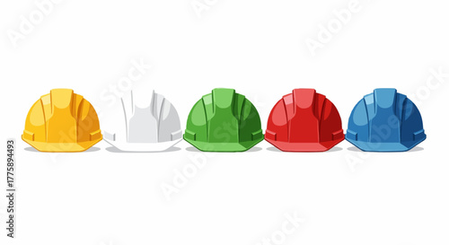 Vector illustration set of colorful construction helmets — yellow, white, green, red, and blue