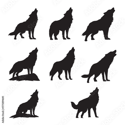 Howling wolf head silhouette set isolated on white background
