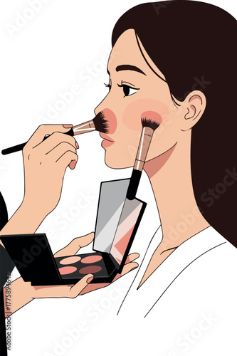 Woman Applying Blush With Makeup Brushes Minimalist Flat Illustration Vector