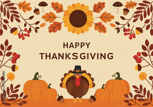 Happy Thanksgiving Turkey and Autumn Harvest Frame Illustration