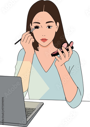 Woman Applying Makeup with Eyeliner and Eyeshadow Using Laptop