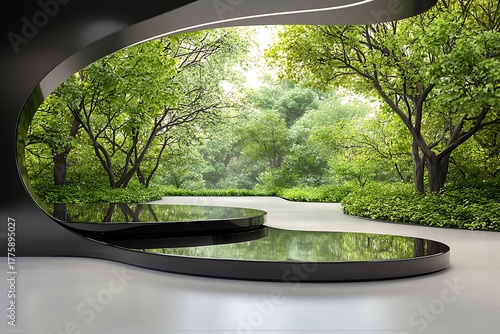 Serene Modern Indoor Space with Curved Design Overlooking Lush Green Forest Landscape