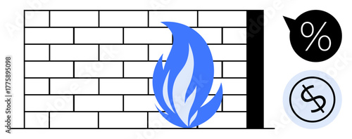 Firewall barrier blocking blue flame with percentage and dollar sign icons. Ideal for cybersecurity, financial protection, risk prevention, transaction safety, data encryption, online fraud, simple