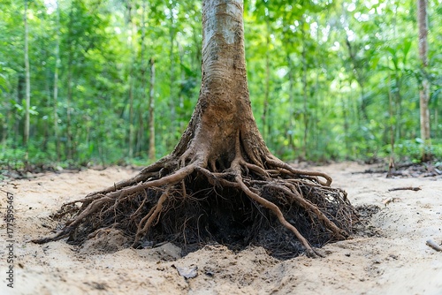 Detailed View of Tree Roots Emerging from Soil in Lush Green Forest Under Natural Light