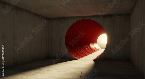 Empty square room with deep red tunnel with light at the end