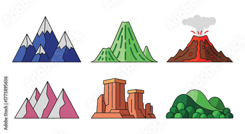 Cartoon mountain range vector illustration landscape elements set