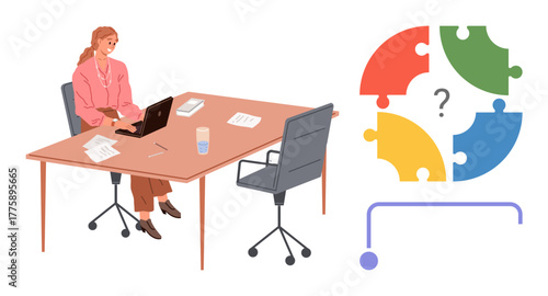 Professional woman using laptop at desk, puzzle pieces forming incomplete circle beside her. Ideal for teamwork, strategy, problem-solving, creativity, business planning, education, simple flat