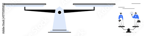 Large balance scale with empty left pan and right pan holding two people discussing equality and ideas. Ideal for themes of impartiality, justice, decision-making, collaboration, inequality