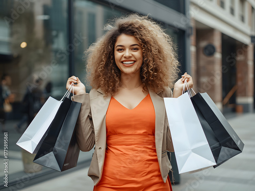 Fashion woman with shopping bags walking around the city after shopping. Consumerism, sale, purchases, shopping, lifestyle concept.