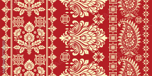 floral pattern vintage ethnic modern embroidery texture boho design vector illustration hand drawn pink flower motif branches leaves wallpaper seamless background border.	
