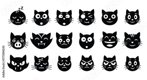 Black cat emoji vector set cute kitten face expression collection
