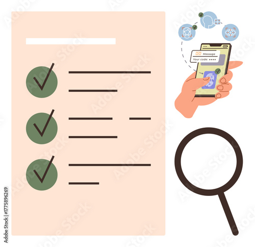 Hand using mobile for authentication, checklist with green ticks, magnifying glass. Ideal for productivity, organization, security, authentication, verification analysis exploration. Simple flat