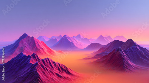 Surreal landscape pastel mountain neon desert dreamy horizon gradient sky vibrant valley abstract terrain fantasy nature pink ridge purple peak evokes calm wonder soft light, inviting exploration