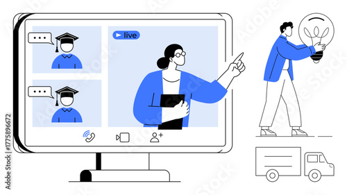 Teacher presenting to students in virtual class on a monitor, person holding light bulb as idea metaphor, delivery truck. Ideal for e-learning, creativity, innovation, teamwork, education, logistics