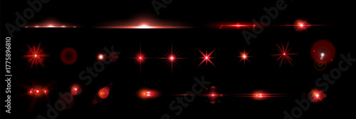 Red light effect reflections, neon illumination in red colors. Bright light lens. Police light effects, lines. Shiny stars, glowing sparks on a black background.
