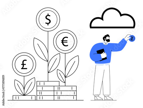 Growing plants with currency signs on coins, stacks of money, and a man placing a coin in cloud storage. Ideal for finance, investment, saving, sustainability, innovation, economic growth