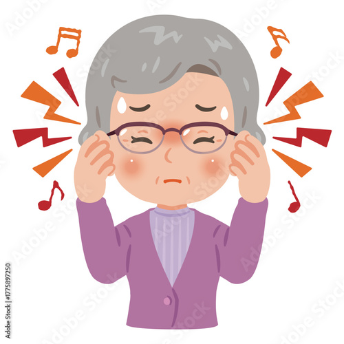 耳鳴りに悩むシニア女性　上半身イラスト／Senior Woman Suffering from Tinnitus　upper body illustration
