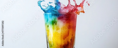 Vibrant Rainbow Liquid Splash in Glass Against White Backdrop, High-Speed Photography