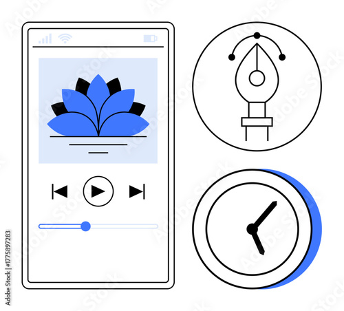 Mobile screen displaying media player, pen tool icon, and clock. Ideal for creativity, design, productivity, time management, user interface digital tools and artistic workflow. Clean flat metaphor