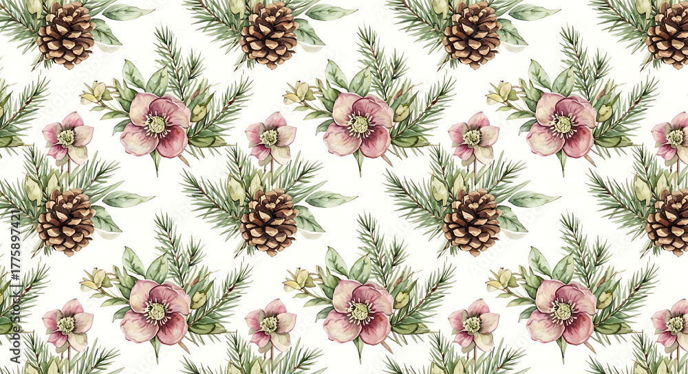 Fototapeta premium Repeating pattern of watercolor-style pinecones, pink hellebore flowers, and evergreen sprigs on a white background.