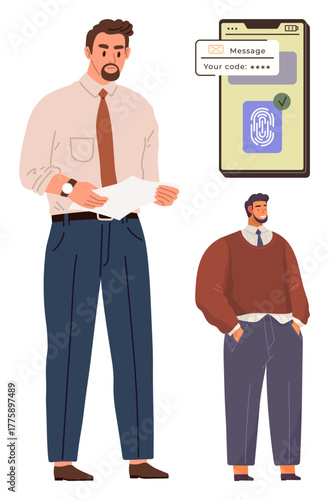 Two men, one holding a document, another standing, beside a smartphone displaying fingerprint authentication and security code. Ideal for technology, cybersecurity, identification, business