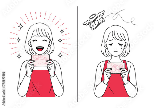 Happy and sad woman holding card before and after receiving good news or bad news - Flat Vector Illustration. Colored vector illustration