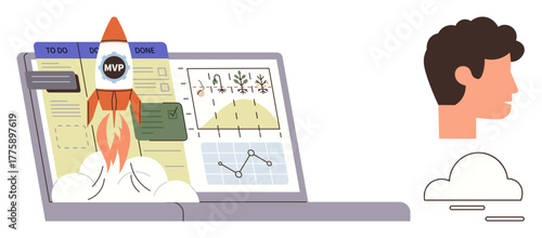 Rocket lifting off from laptop screen surrounded by task planning board, analytics graphs, and progress charts. Ideal for innovation, teamwork, business growth, strategy, leadership