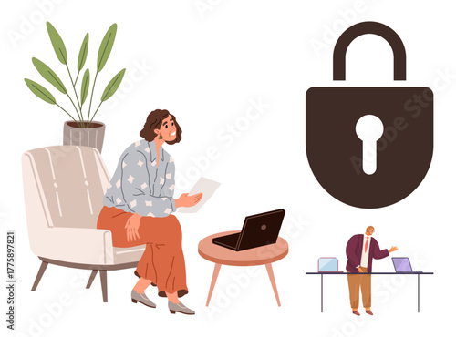 Woman seated with papers and laptop table, large lock signifying data security. Small figure with charts. Ideal for cybersecurity, remote work, privacy, online protection, information safety, digital