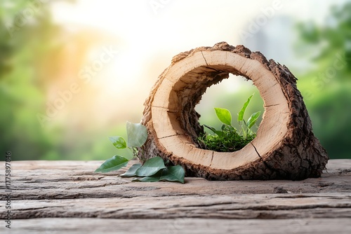 Natural Log with Greenery Inside on Wooden Table Surrounded by Soft Focus Nature Background