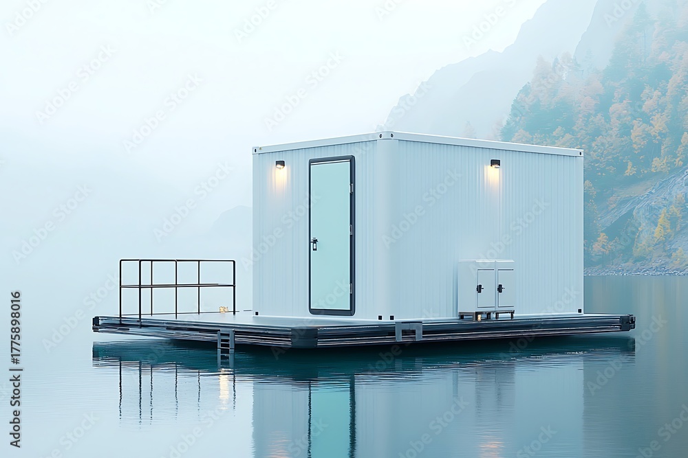 Obraz premium Modern Minimalist Floating Cabin in Serene Misty Landscape by Calm Water Body