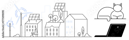 Urban scene with wind turbines, solar panels, eco-friendly buildings, trees. Cat resting beside laptop adds modern lifestyle context. Ideal for sustainability, green energy, technology, eco-friendly