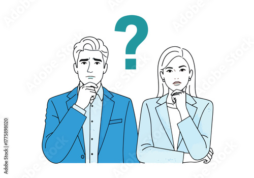 Two people pondering a question mark symbol thinking decision making confusion doubt uncertainty - Flat Vector Illustration. Colored vector illustration