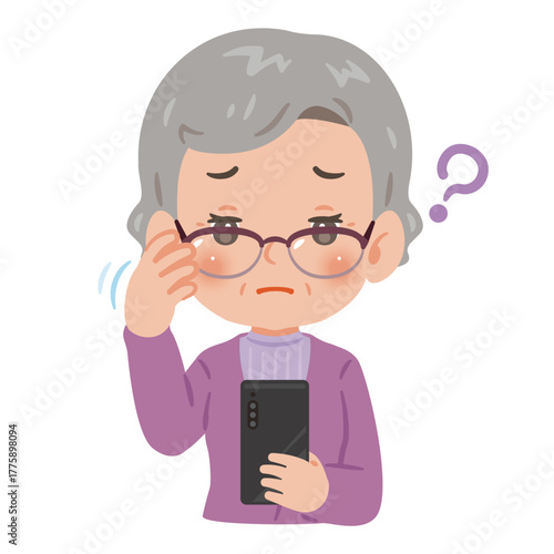 老眼でスマートフォンが見えにくいシニア女性　上半身イラスト／Senior Woman with Presbyopia Looking at Phone　upper body illustration