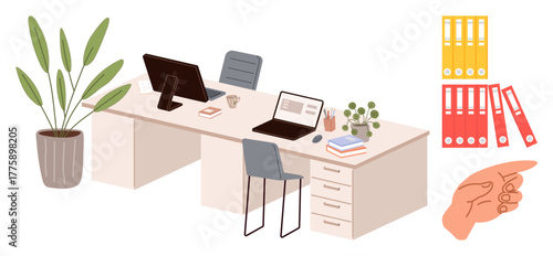 Office desk with laptops, monitor, chairs, plants, books, coffee mugs, and filing folders. Ideal for workplace, organization productivity teamwork modern office business processes simple flat