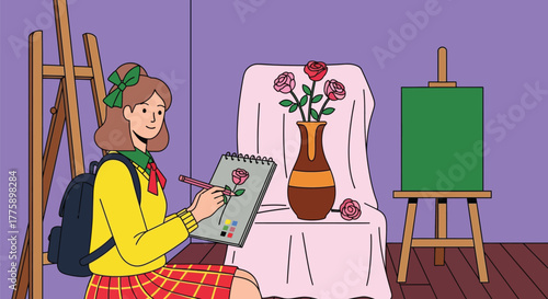 Illustration of girl drawing roses on canvas art class concept