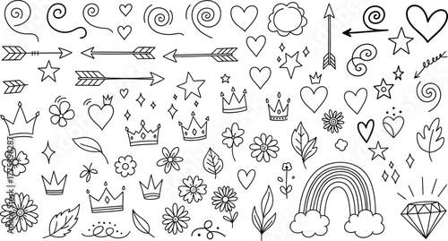 Hand Drawn Doodle Set Arrows, Hearts, Crowns, Rainbows, Stars, Flowers & Diamond