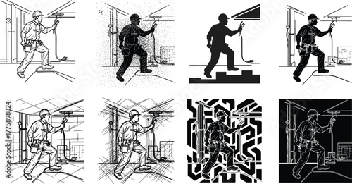 Silhouette vector illustration of construction worker using power drill on wall, safety helmet, harness, industrial site, repair, maintenance, teamwork, and industry