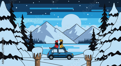 Winter car trip snowy mountains landscape travel vacation scene