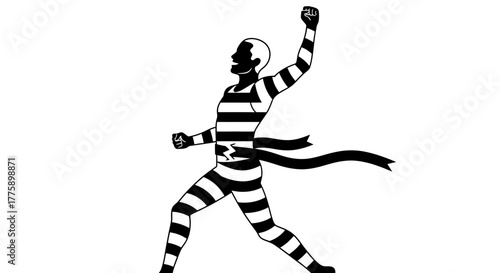 Triumphant figure in striped attire breaks through a finish line ribbon, celebrating a hard-won victory.