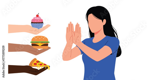 Woman rejecting junk food concept healthy diet and lifestyle choice