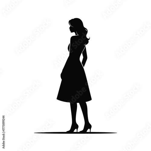 Elegant woman in flowing dress and high heels silhouette black