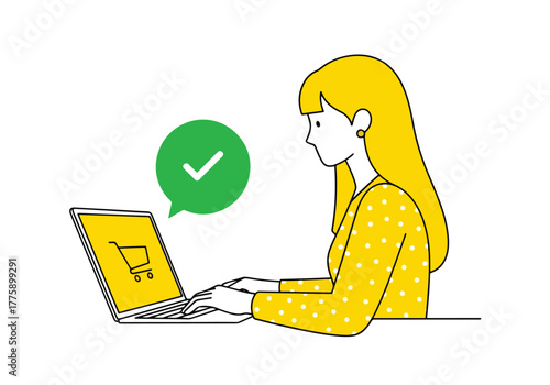 Woman shopping online successfully using laptop with shopping cart and checkmark symbol - Flat Vector Illustration. Colored vector illustration
