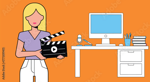 Video production woman with clapperboard and computer illustration