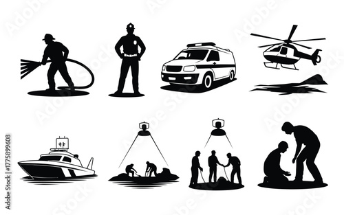 Emergency response and rescue team silhouettes firefighter police