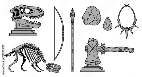 Prehistoric artifacts dinosaur bones tools weapons vector art
